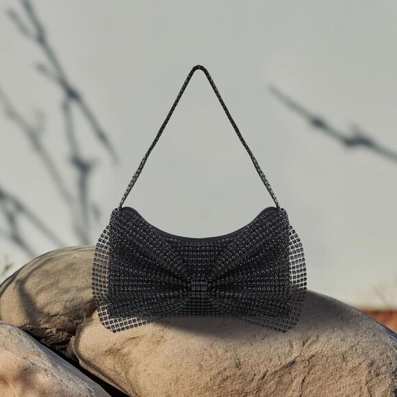 🆕Women Black Rhinestone Evening Clutch Purse, Sparkly Bowknot Small Handbag - Picture 6 of 6